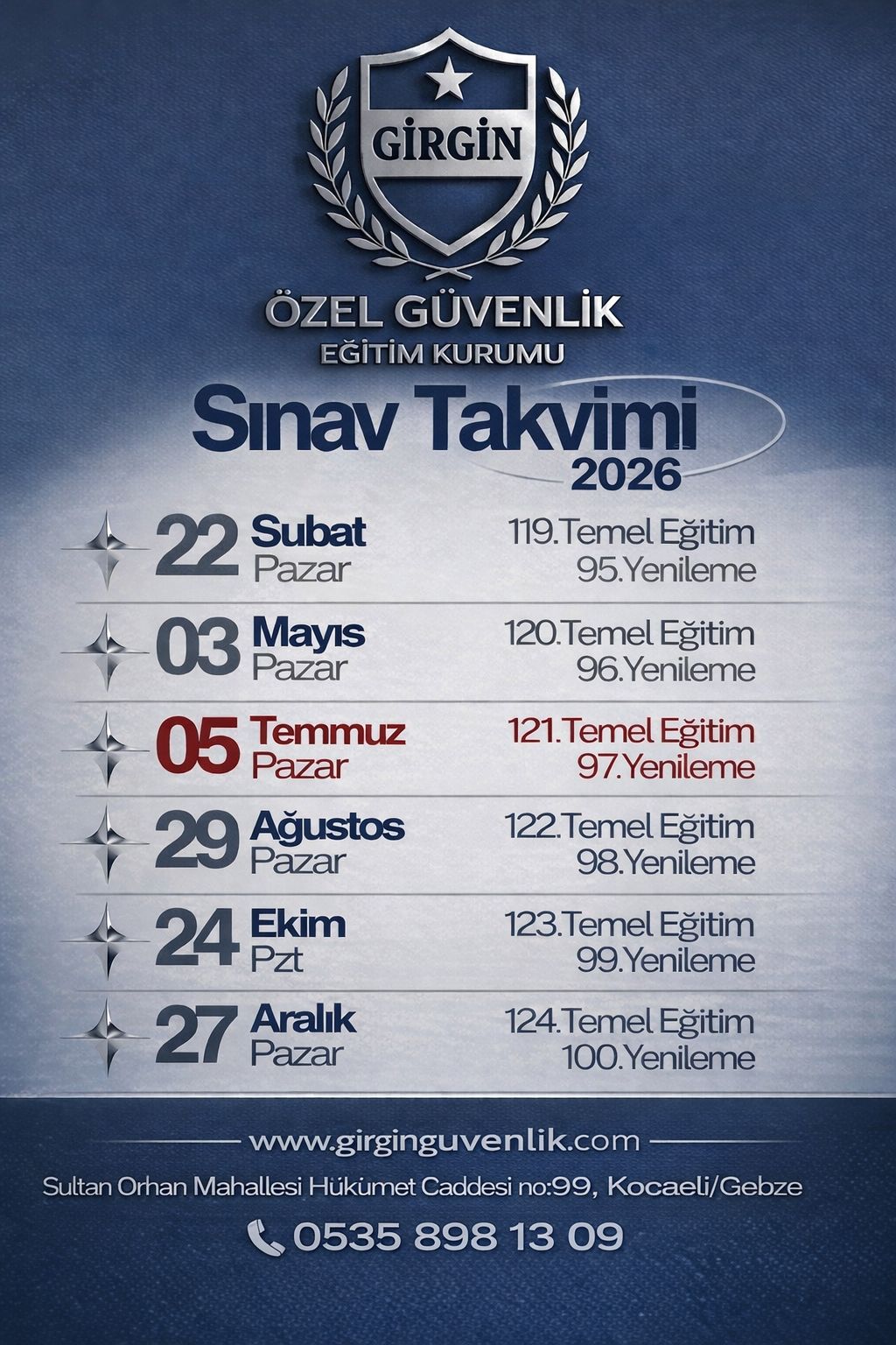 2026 yılı özel güvenlik sınav takvimi açıklandı! Silahlı ve silahsız özel güvenlik sınav tarihleri, başvuru süreçleri ve detaylı bilgiler için hemen inceleyin. Güncel takvim ile sınavlara hazırlığınızı planlayın.
